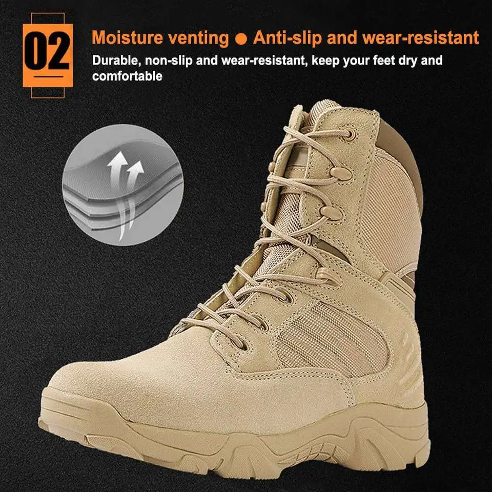 Lever Outdoor Men High-Top Tactical Boots, Anti-Collision Desert Combat Boots, Non-Slip Waterproof Climbing Hiking Boots