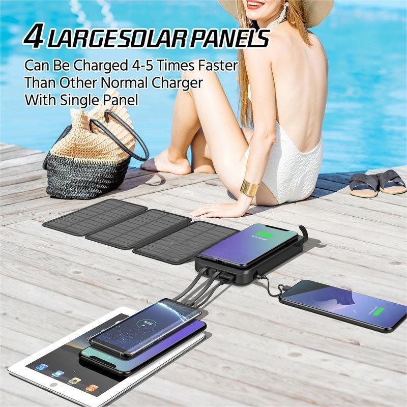 Solar Charger, Power-Bank, Portable Charger,20000mAh Fast Charging Wireless Charger 4 Solar Panel  680Lumen Bright flashlights