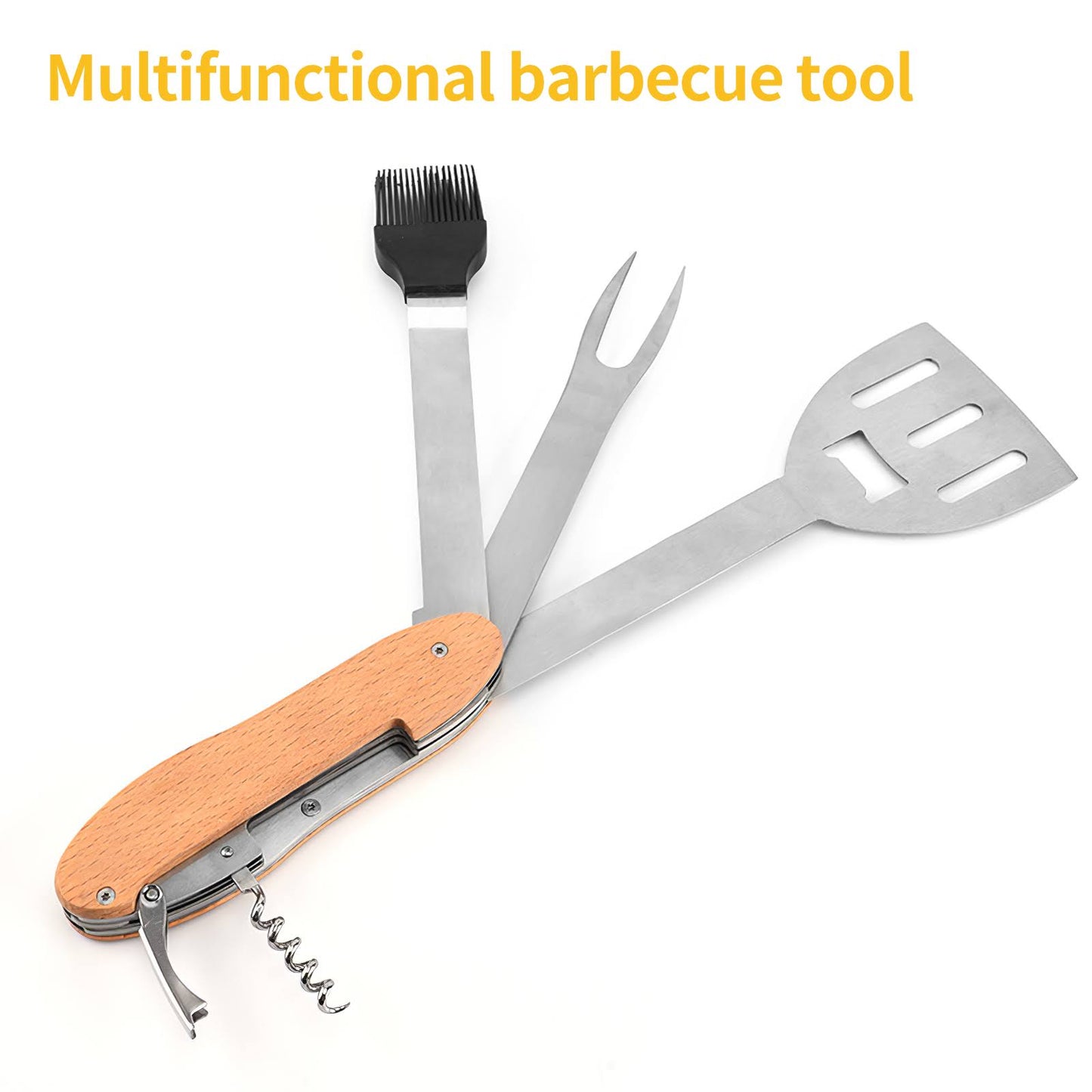 5-in-1 BBQ Multitool Folding Barbecue Stainless Steel Grill Multi Tool Set with Spatula, Fork, Silicone Brush, Corkscrew, Bottle Opener